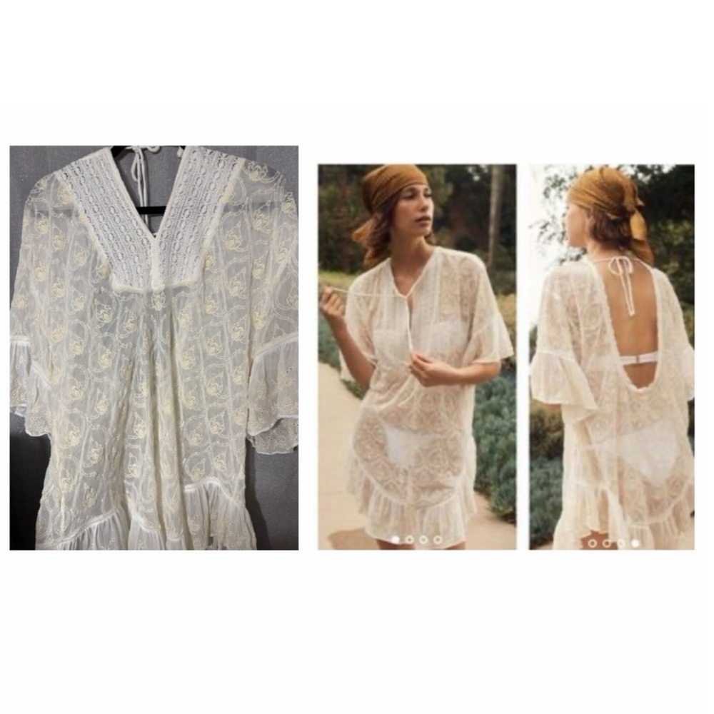 $128 Anthropologie Embroidered Lace kimono Tunic CoverUp dress Ivory Boho medium
